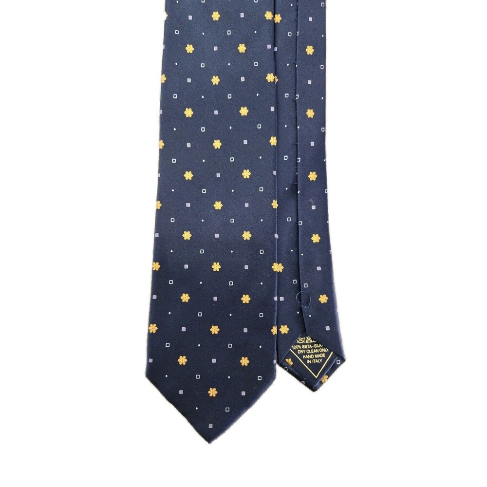 Brioni Navy & Yellow Flower Designer Neck Tie LONG 60 x 3.25" Smooth 100% Silk